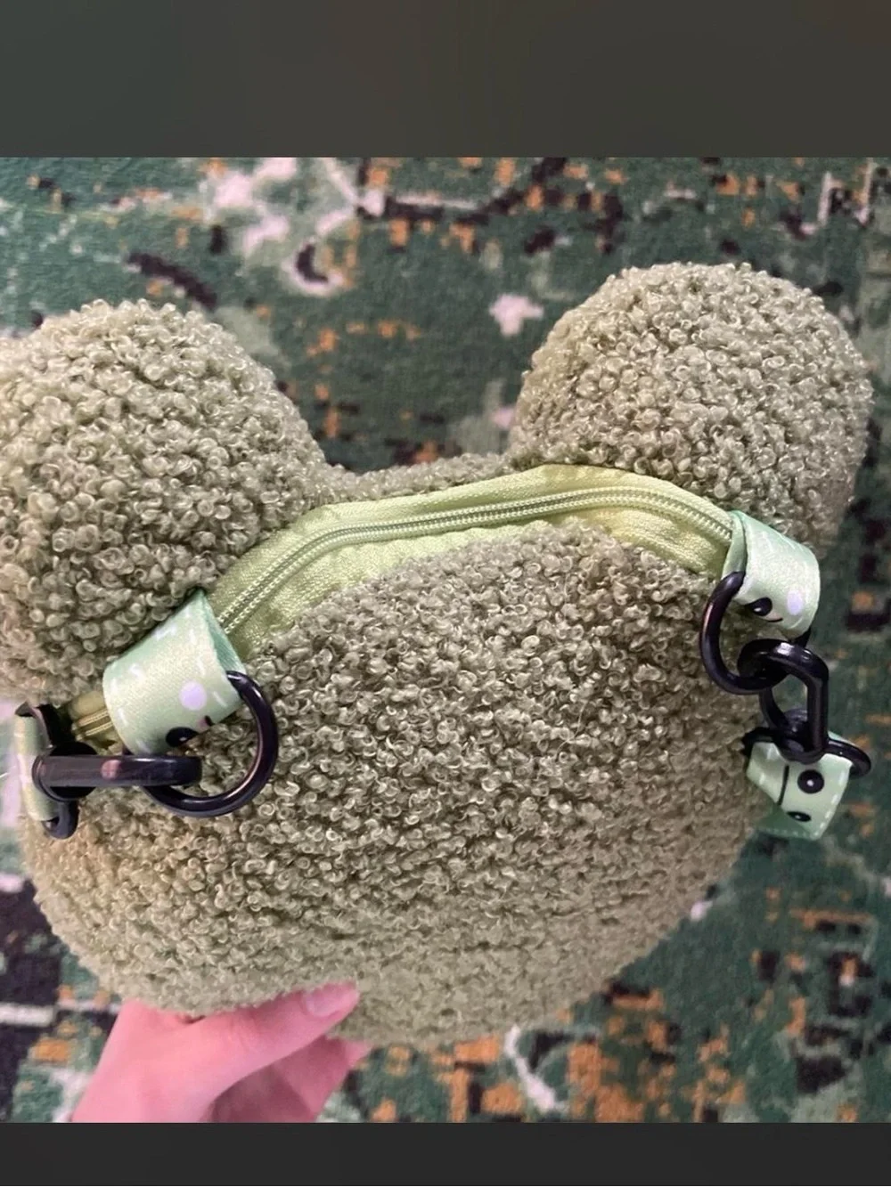 Plush Frog Crossbody Bag in Olive Green with Red Accent